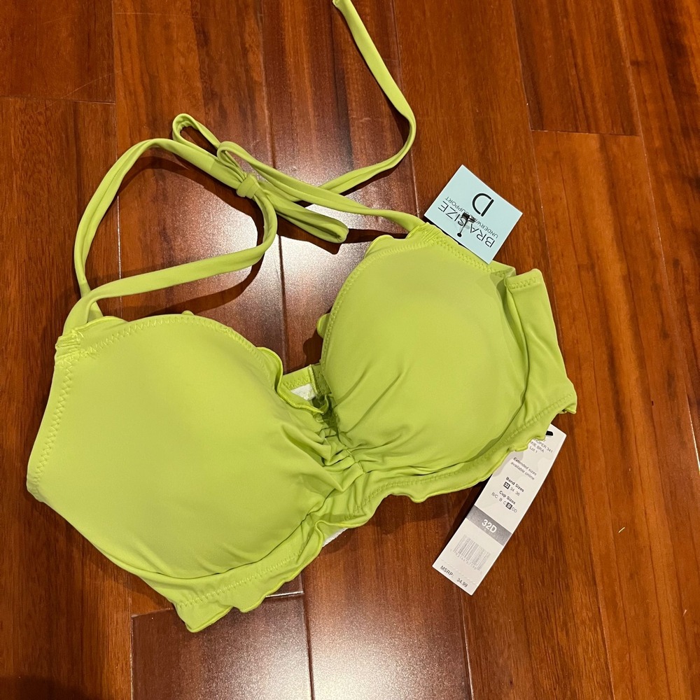 Green Bikini Bra Top Swim Sundazed Nixie Lime Green Grasshopper Ruffle New 32D‎